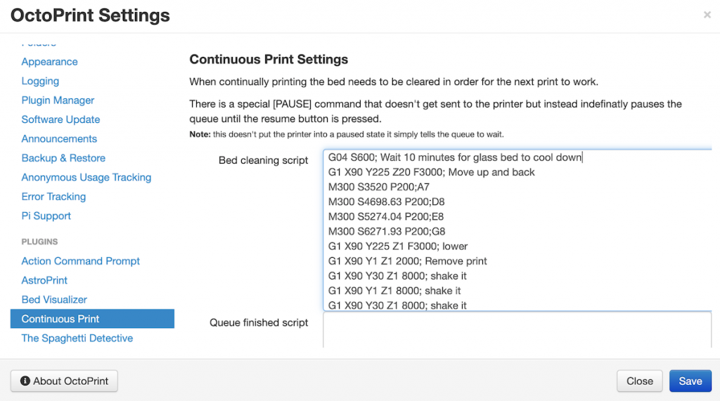 OctoPrint Continuous Print Queue Plugin Settings